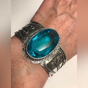 Blue Topaz Stamped 925 Sterling Silver Cuff Bracelet